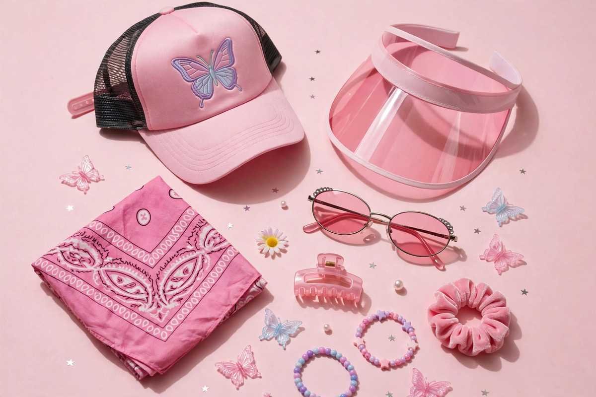 Y2K accessories flat lay with trucker hat visor and sunglasses