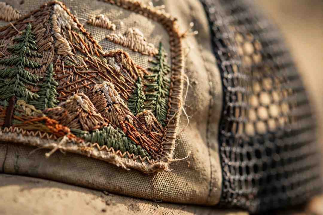 Close-up of embroidered details on a vintage trucker cap
