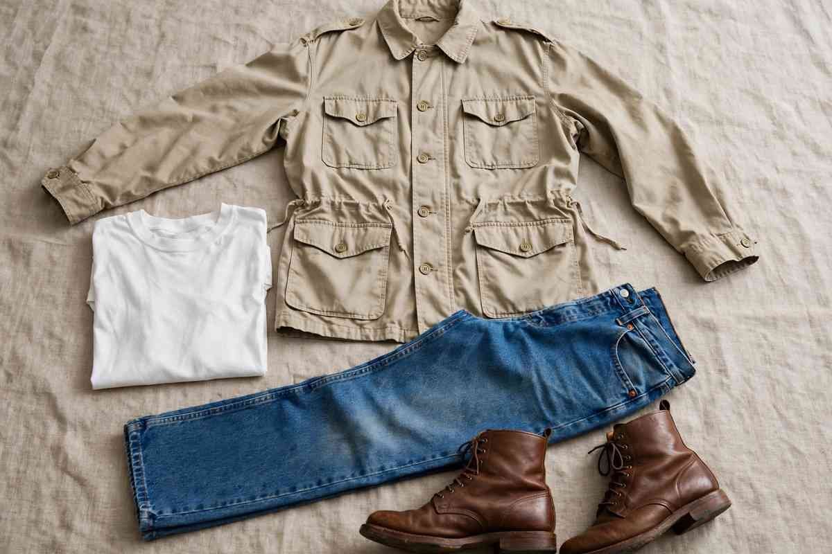 Flat lay of 90s minimalist wardrobe essentials with field jacket and jeans
