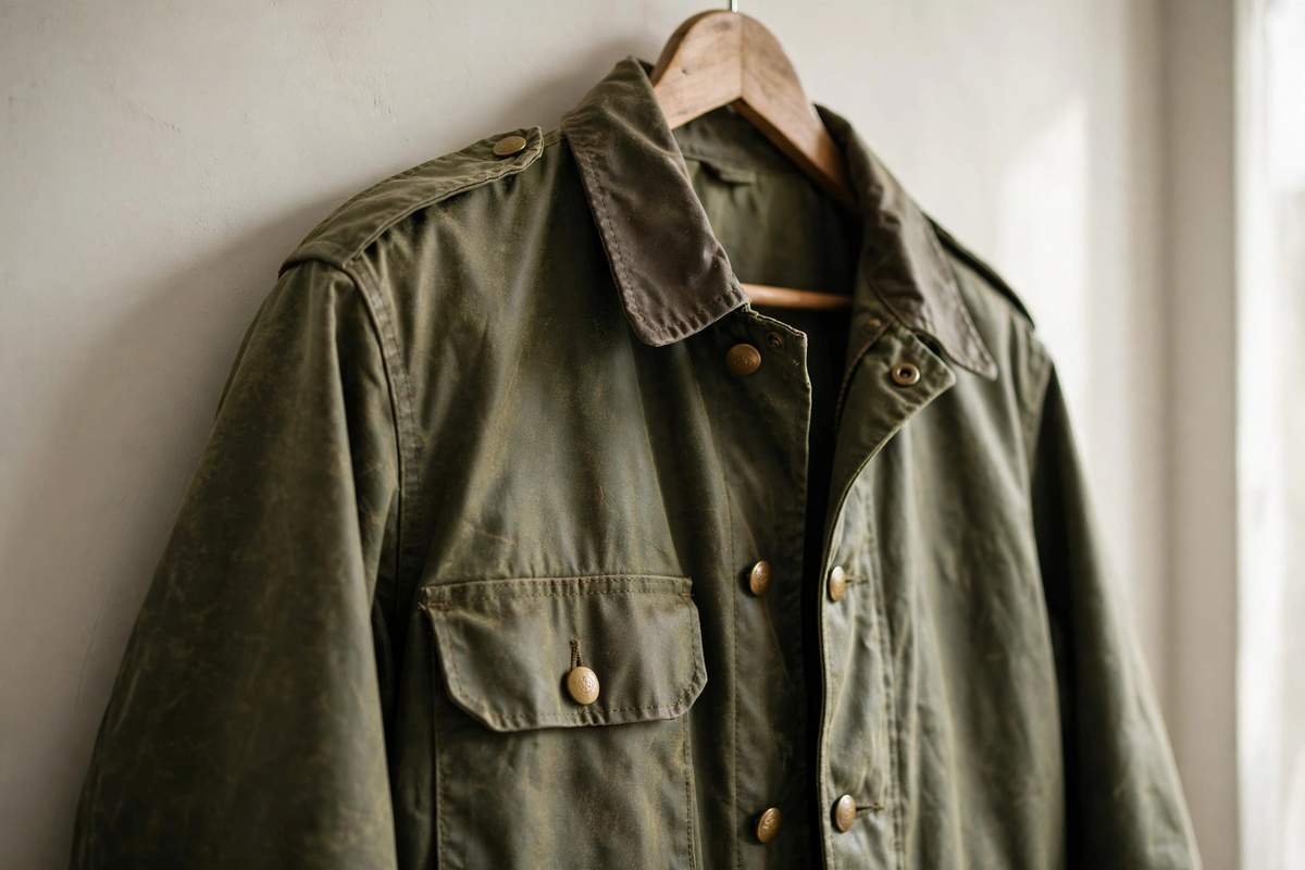 Classic waxed canvas field jacket with brass buttons