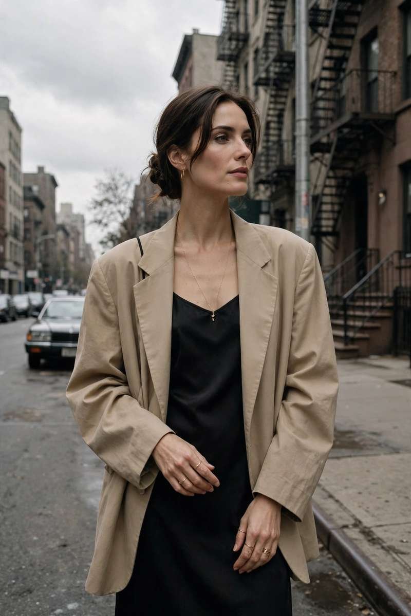 Minimalist 90s street style with slip dress blazer and gold jewelry
