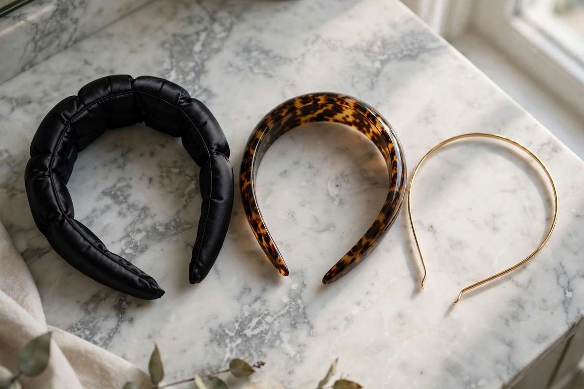 Collection of elegant headbands on a marble vanity
