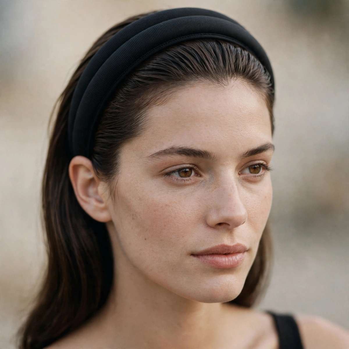 Close-up of sleek hair styled with a classic black headband
