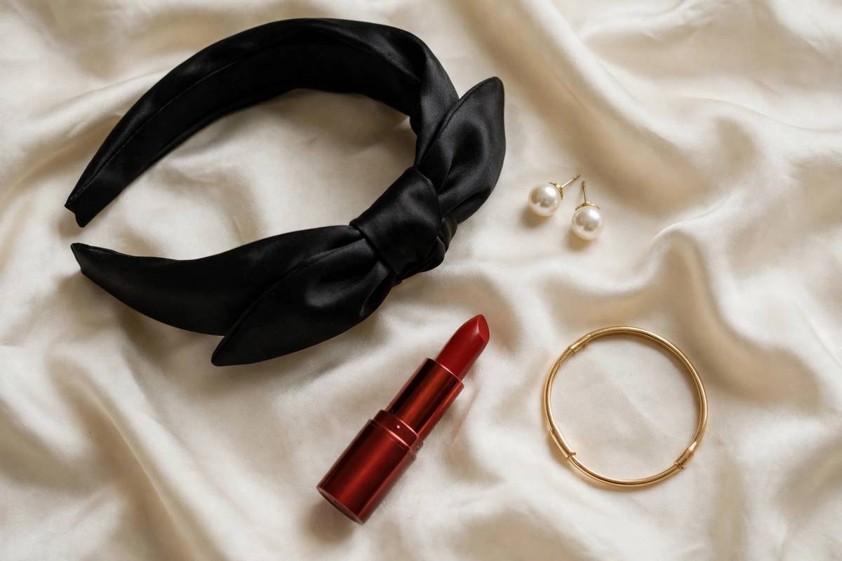 Elegant vanity flat lay with headband pearl earrings and red lipstick