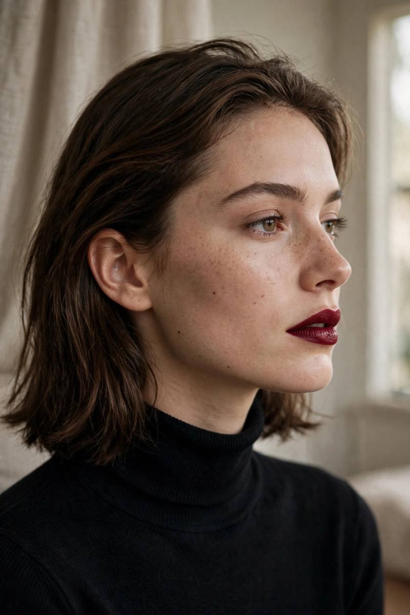 90s minimalist makeup look with cranberry lips