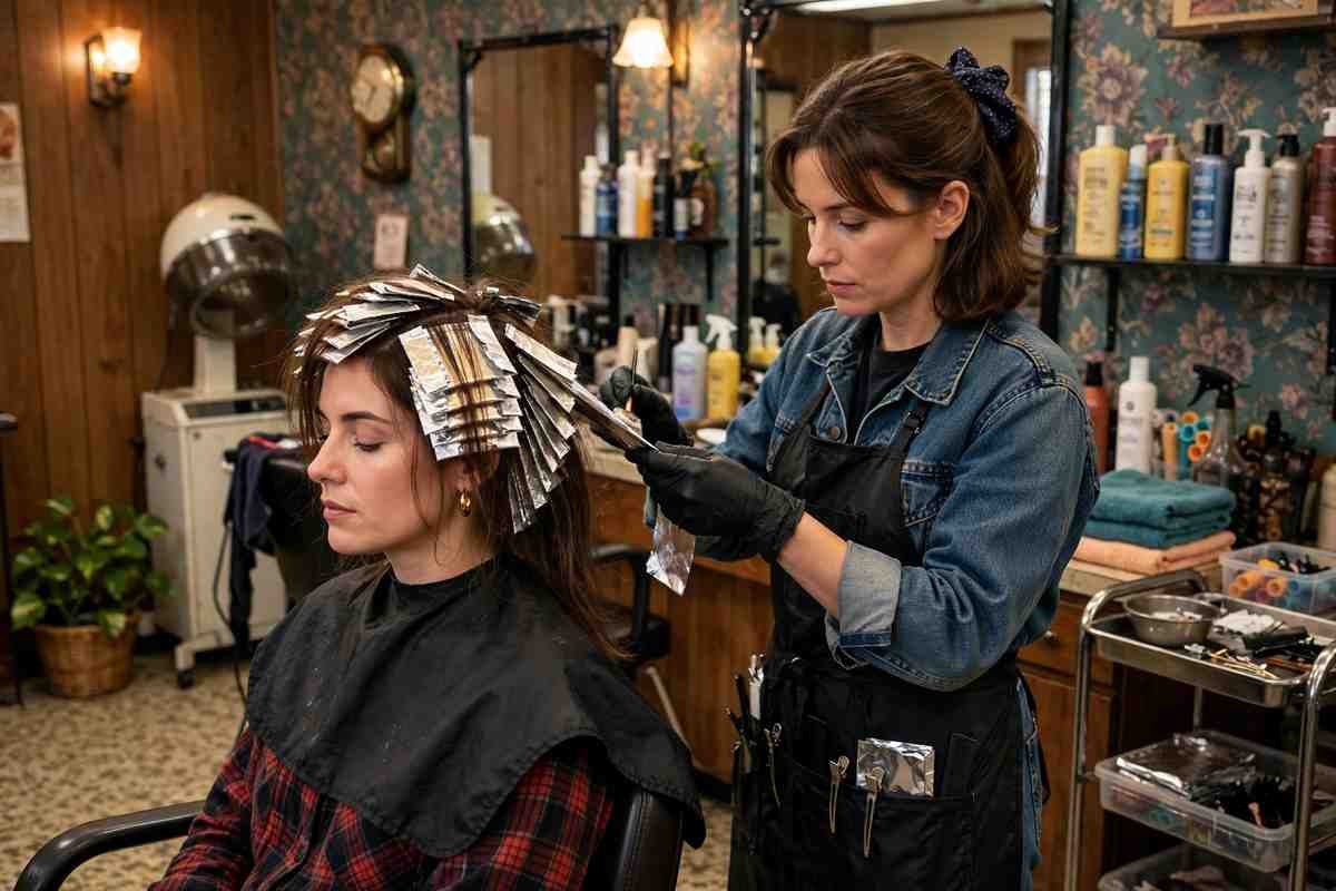 Colorist applying blonde foils in a hair salon