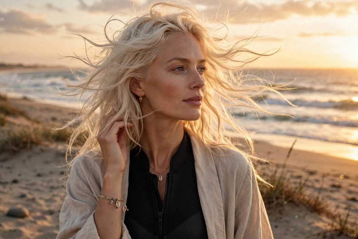 Woman with pale blonde hair at the beach at golden hour