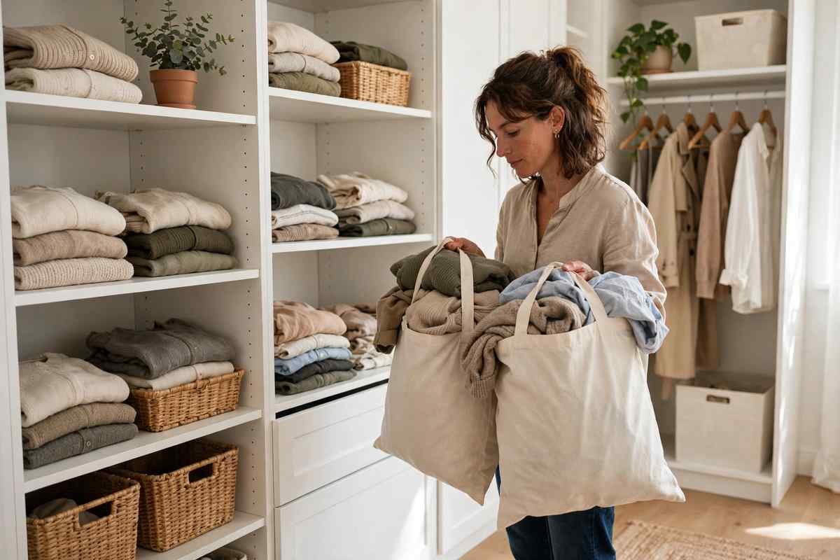Person decluttering a walk-in closet with donation bags