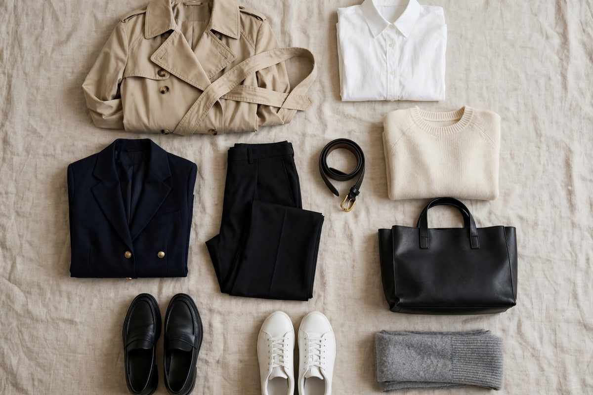 Timeless capsule wardrobe flat lay with classic pieces