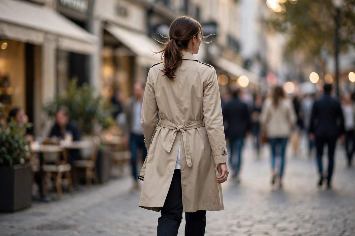 Elegant woman in timeless outfit walking away from shopping street