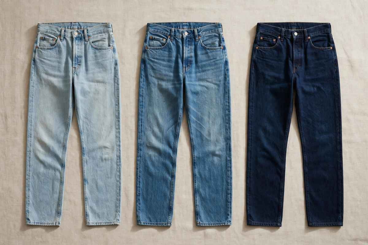 Straight-leg jeans in light medium and dark washes flat lay