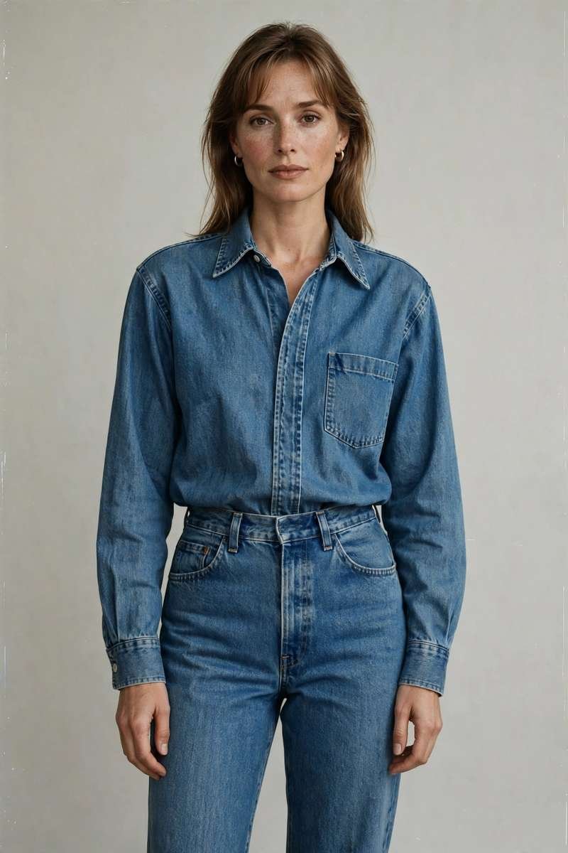 Minimalist double denim look with denim shirt and jeans