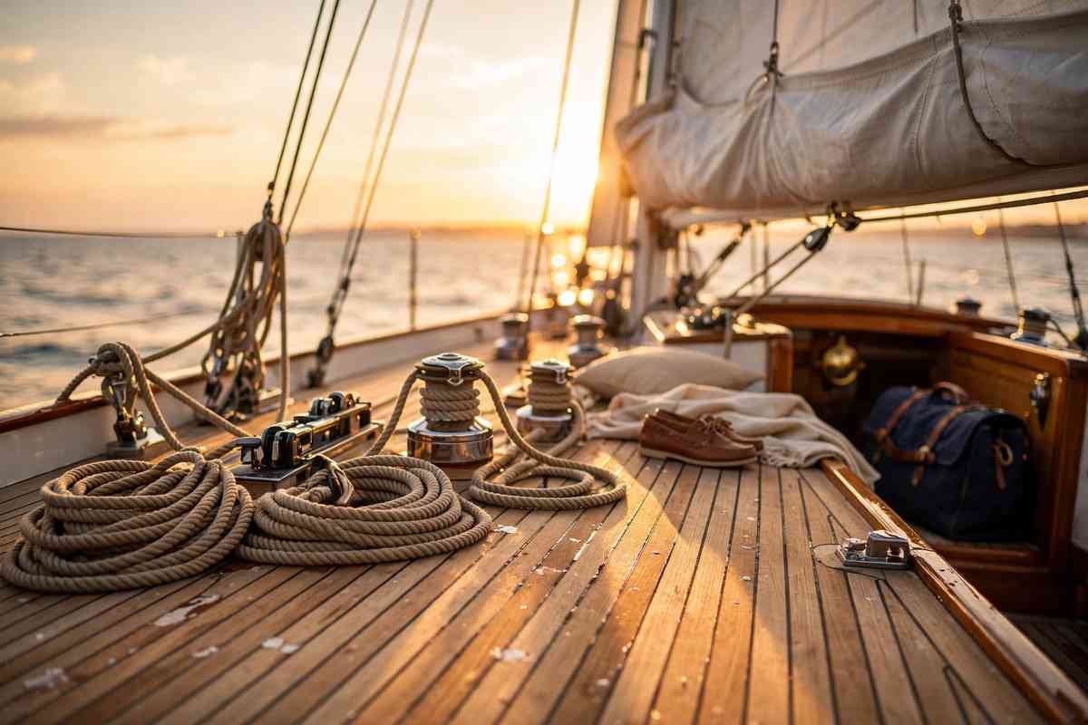 Sailboat deck at golden hour with ropes and sails