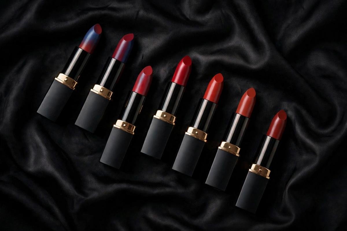 Flat lay of red lipsticks in various shades on black silk