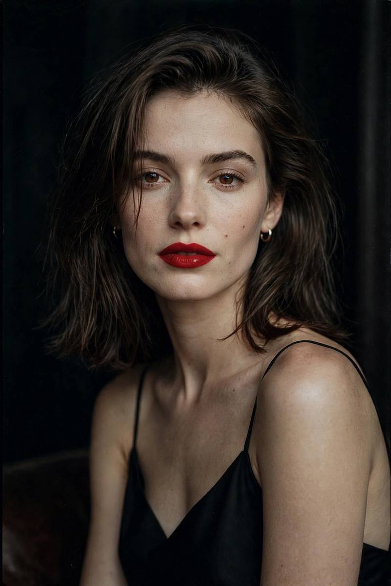 Elegant evening look with red lips and black slip dress