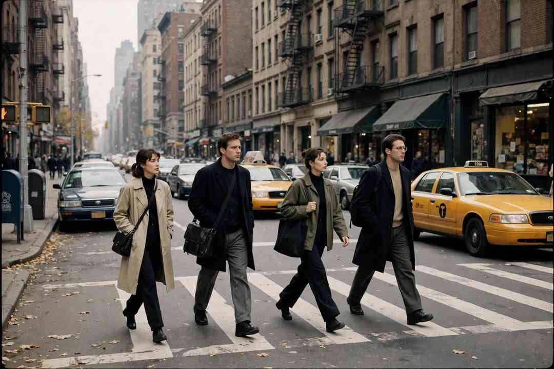 1990s New York street scene with stylish pedestrians