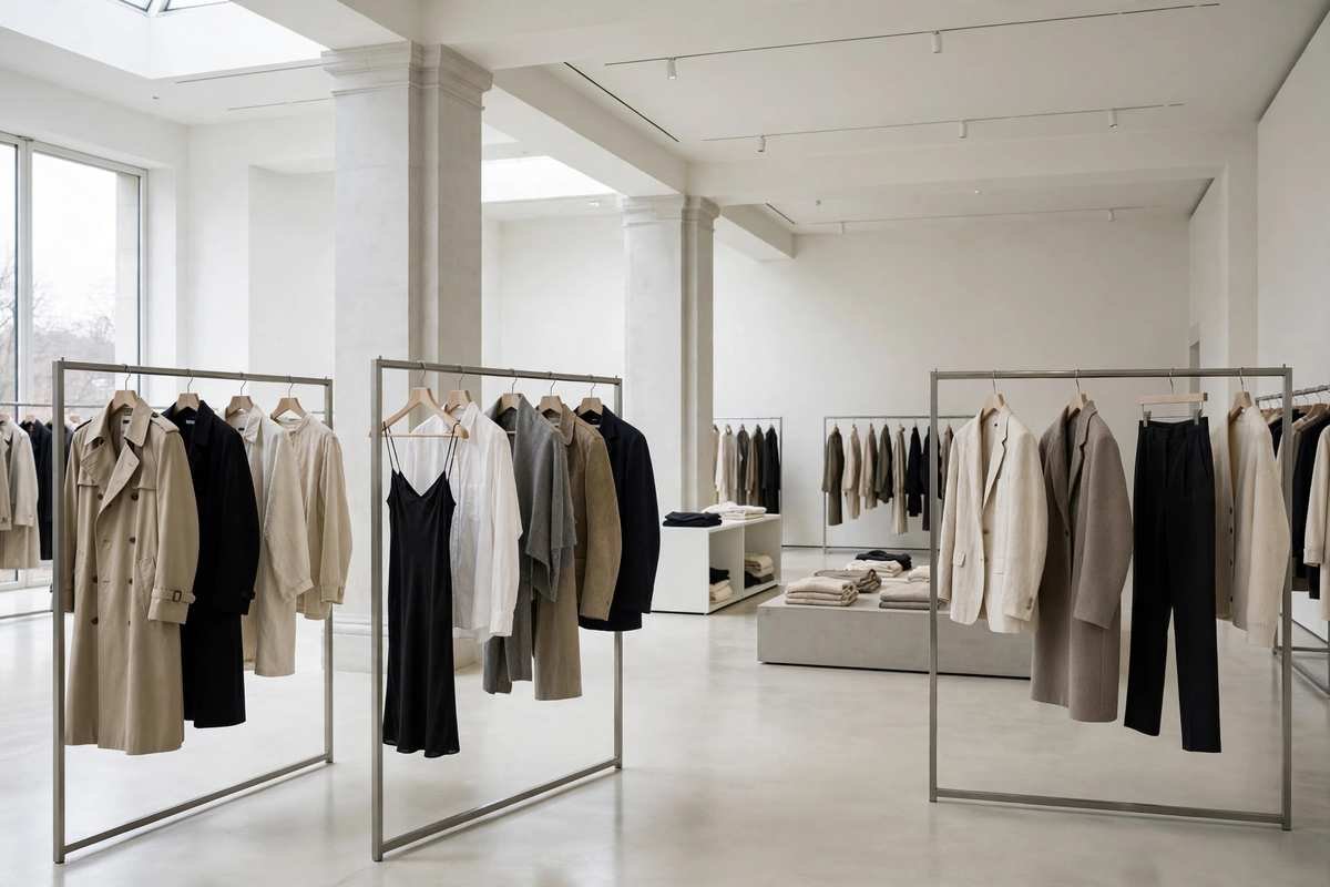 Minimalist fashion archive gallery with curated garments