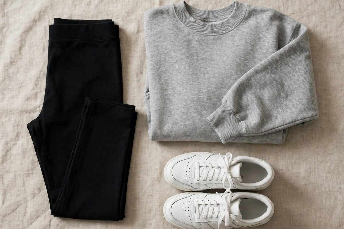 Flat lay of 90s athleisure essentials with leggings and sweatshirt