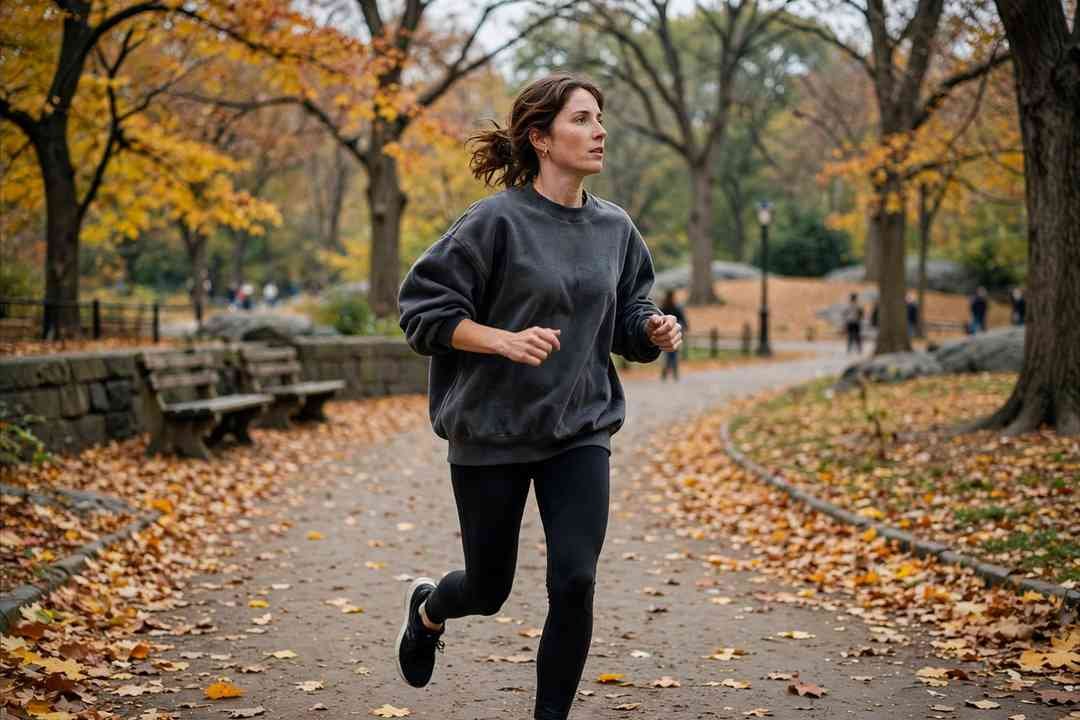 Woman jogging in Central Park in 90s athleisure style