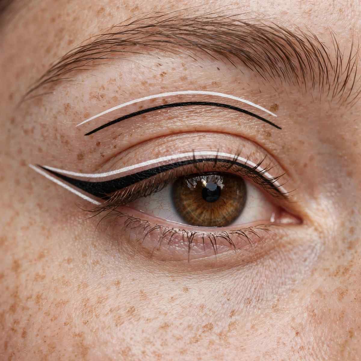 Artistic graphic eyeliner beauty macro shot with double-line geometric floating liner design