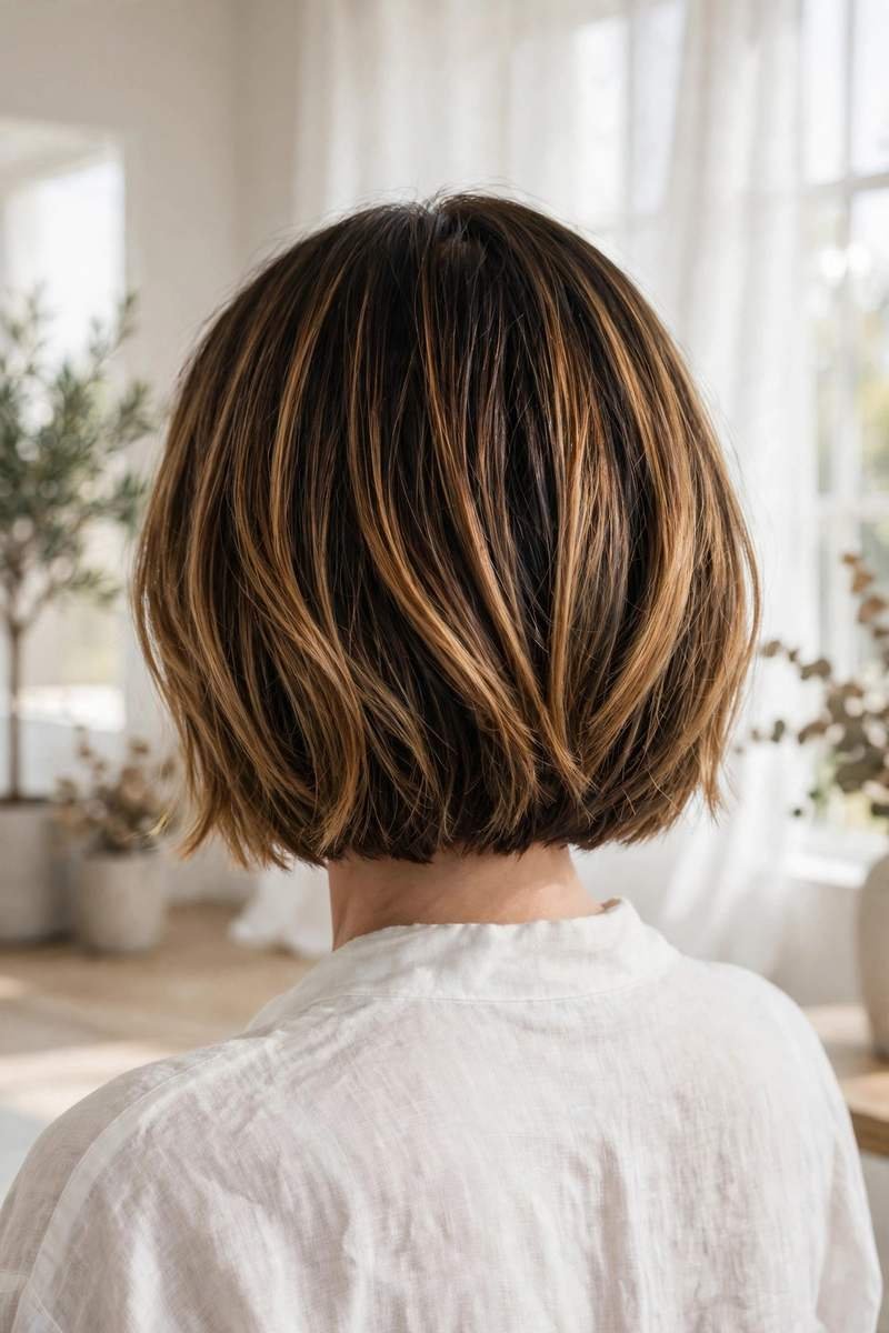 Back view of a caramel balayage bob with blended highlights
