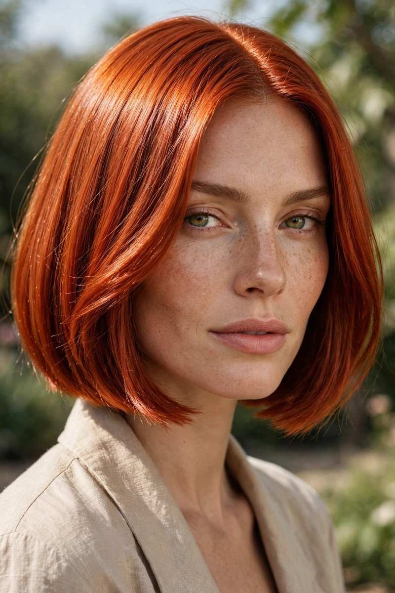 Copper red bob haircut glowing in natural daylight