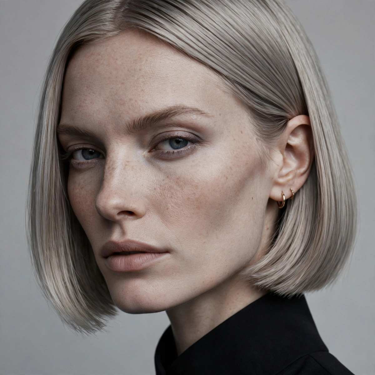 Sleek ash blonde bob close-up portrait with cool tones