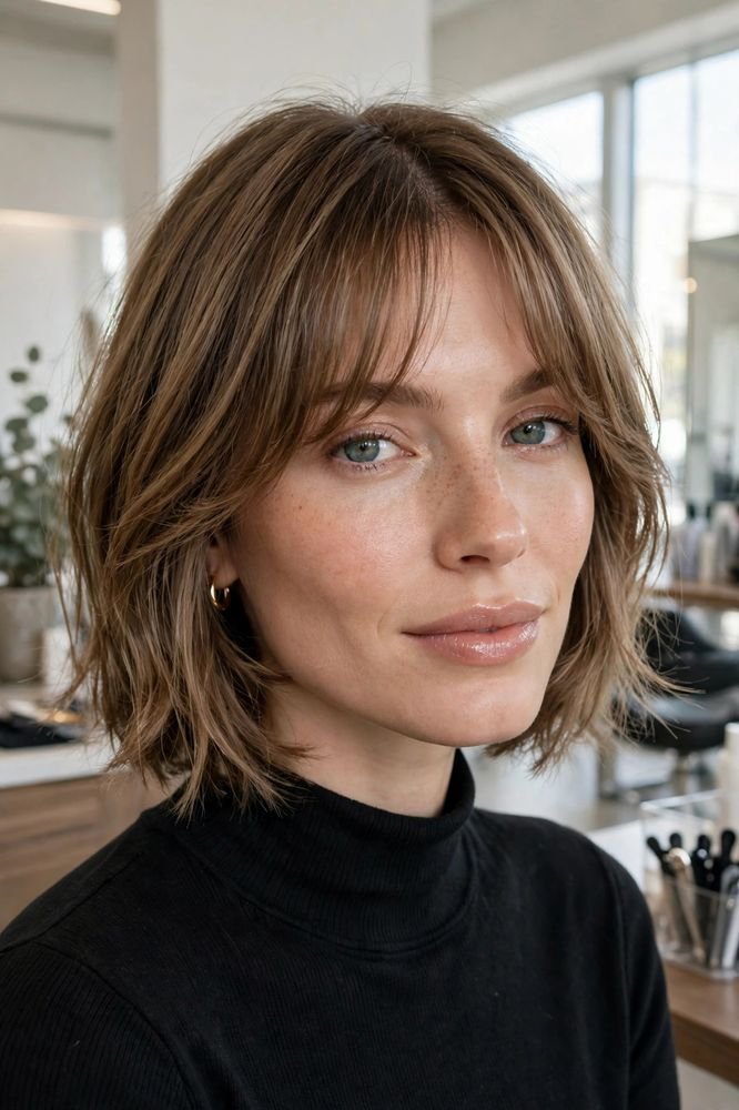 Woman with soft bottleneck bangs and a layered bob hairstyle in bright salon light.