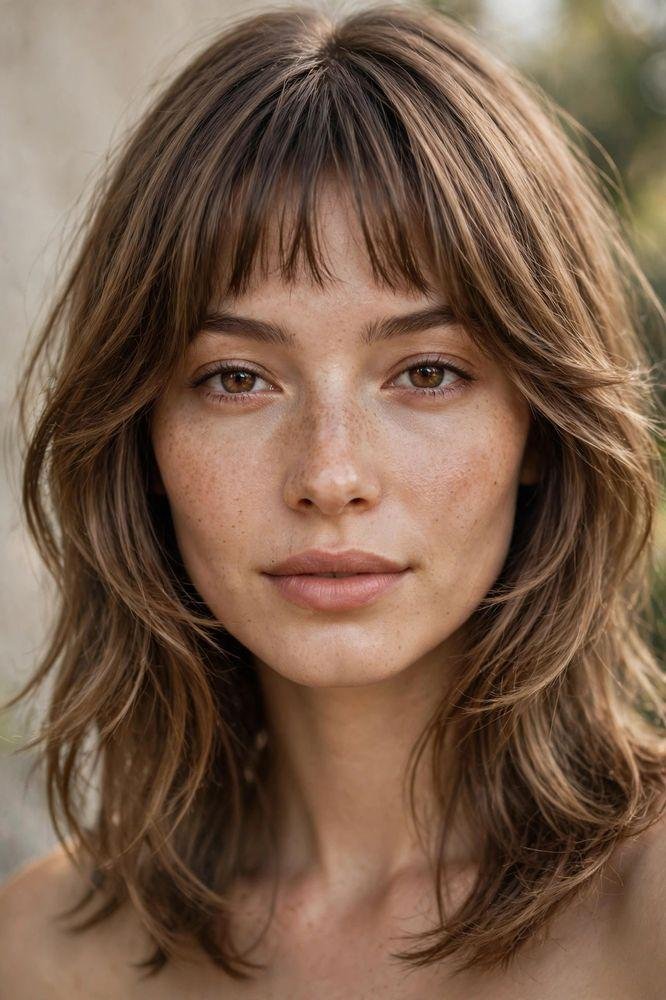Close-up of a woman with bottleneck bangs framing her face and soft layered hair.