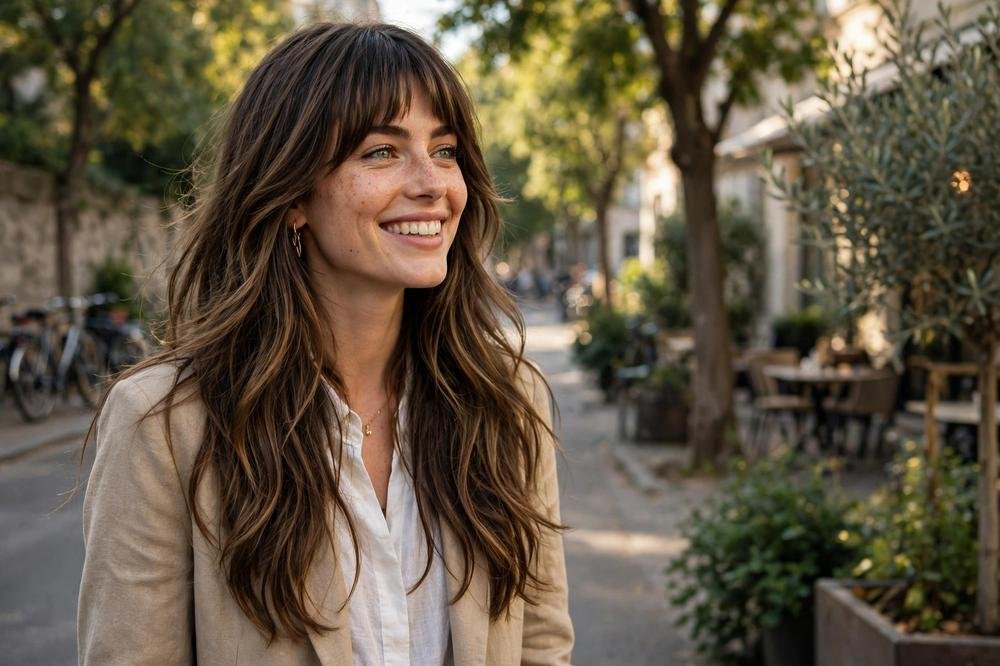 Woman with bottleneck bangs and long layered hair smiling outdoors in natural light.
