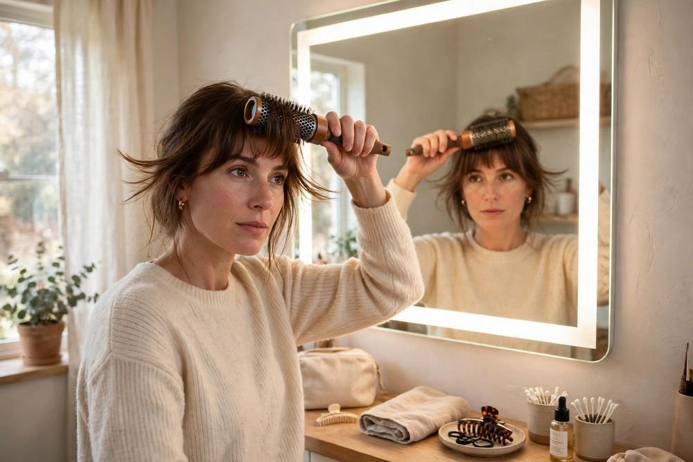 Woman styling her bottleneck bangs with a round brush in front of a bright mirror at home.