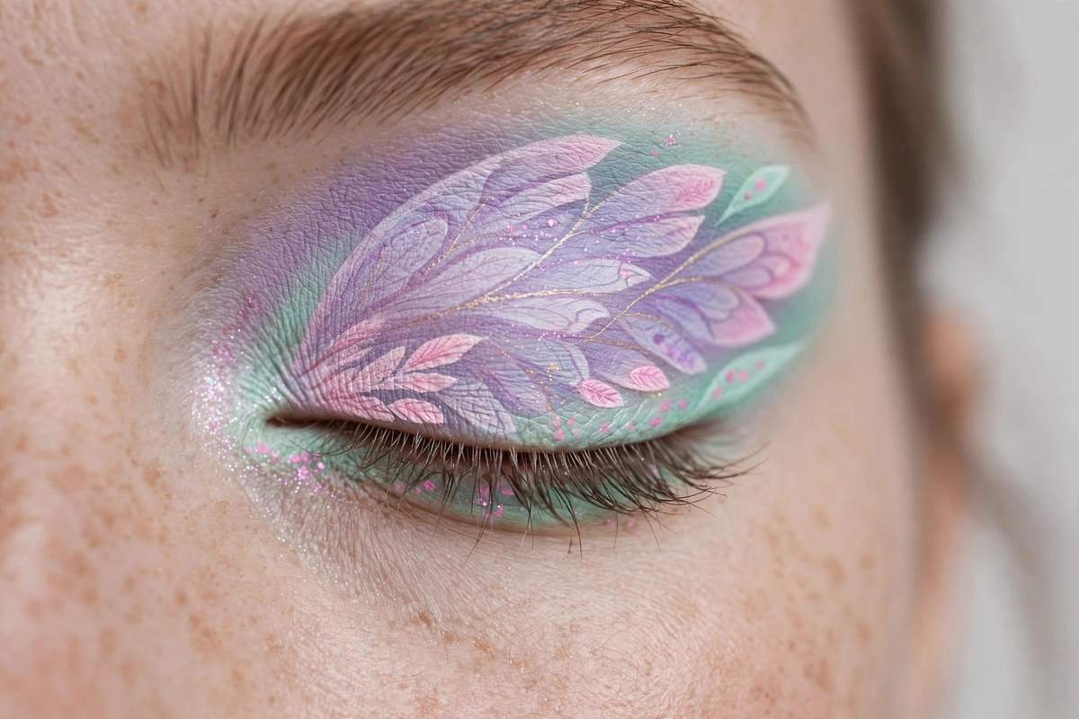 Pastel butterfly eye makeup in lavender and mint tones