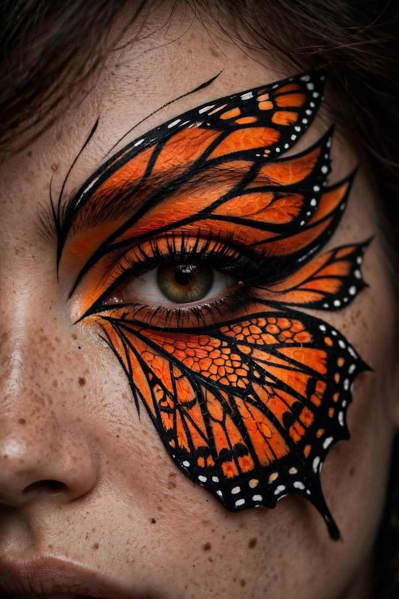 Bold monarch butterfly eye makeup in orange and black