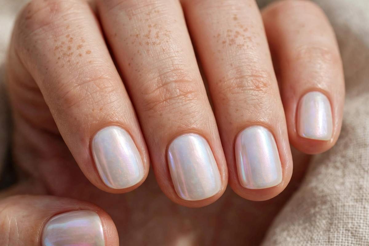 Short nails with pearly iridescent glaze finish