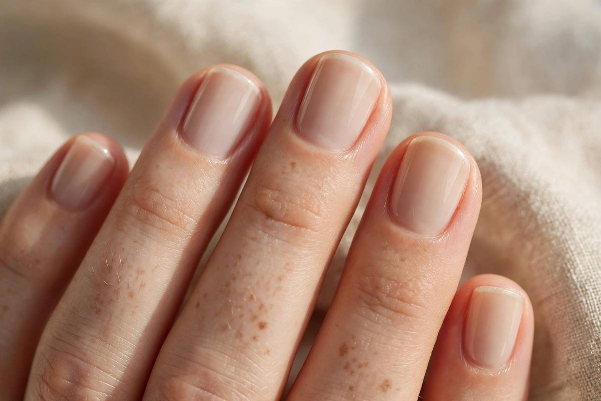 Short natural nails with sheer milky beige polish