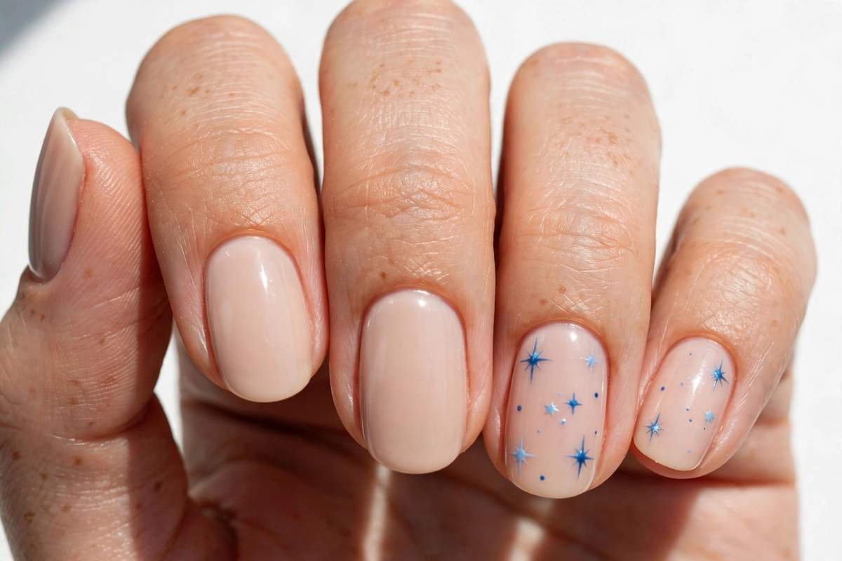 Nude nails with tiny blue star accents