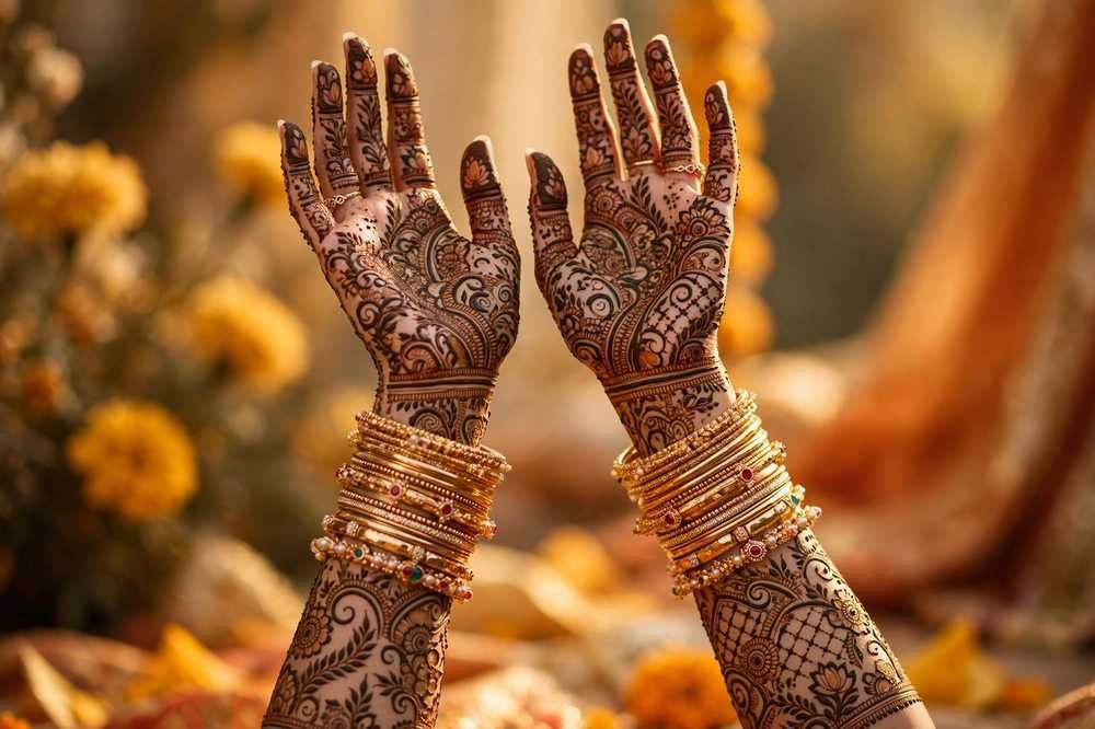 Bride's hands with full sleeve henna and bangles