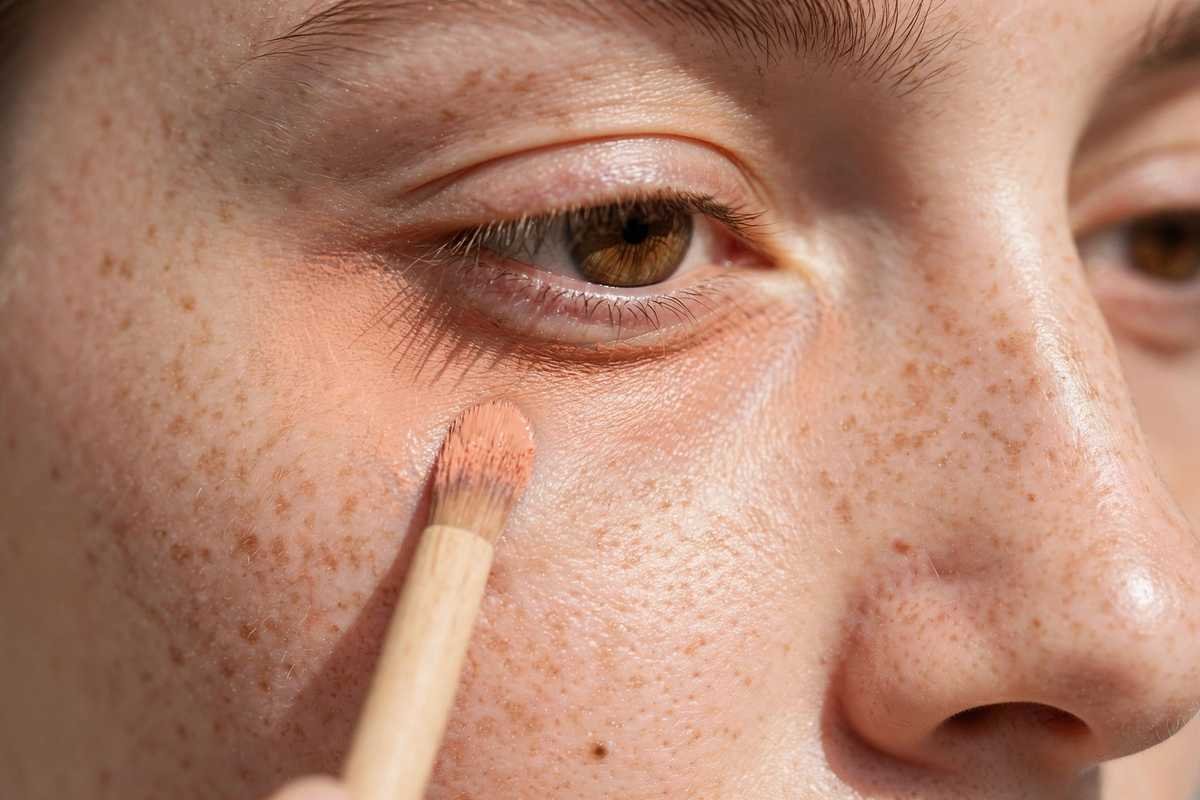 Blending peach color corrector under the eye