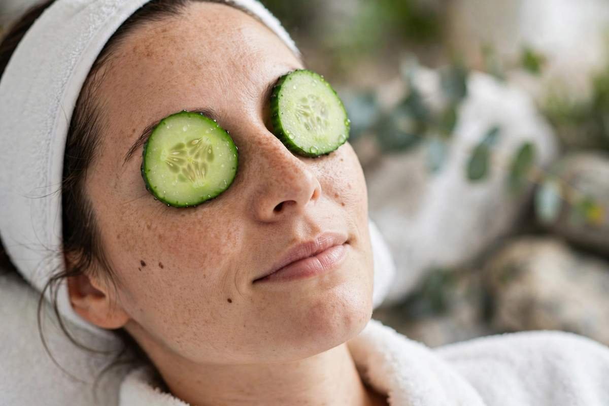 Woman relaxing with cucumber slices over eyes