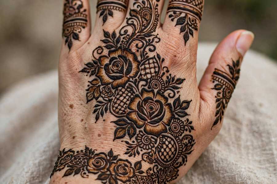 Elaborate floral henna design on the back of a hand
