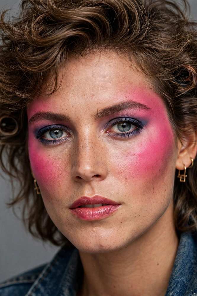 Dramatic 80s style blush swept high on cheekbones