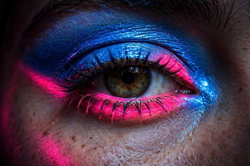 Vibrant neon 80s eyeshadow in electric blue and pink