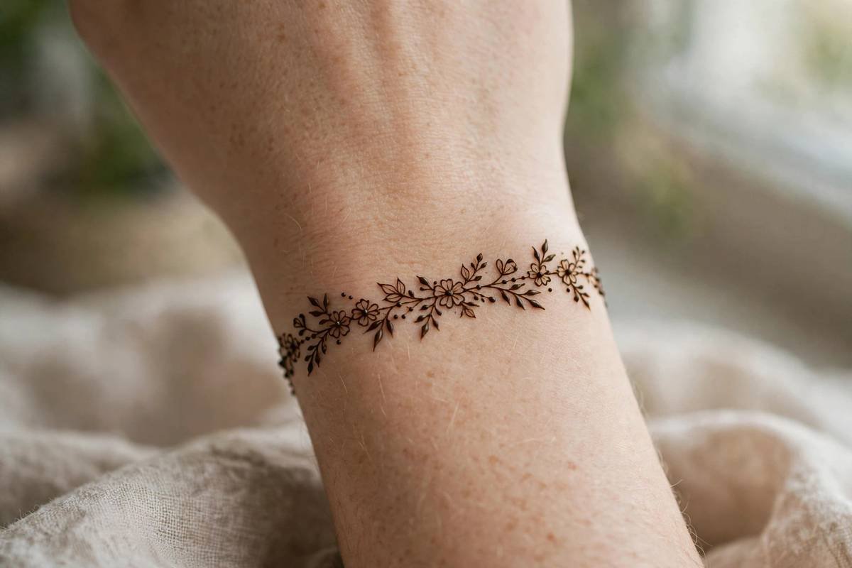 Elegant minimal henna bracelet band on a wrist