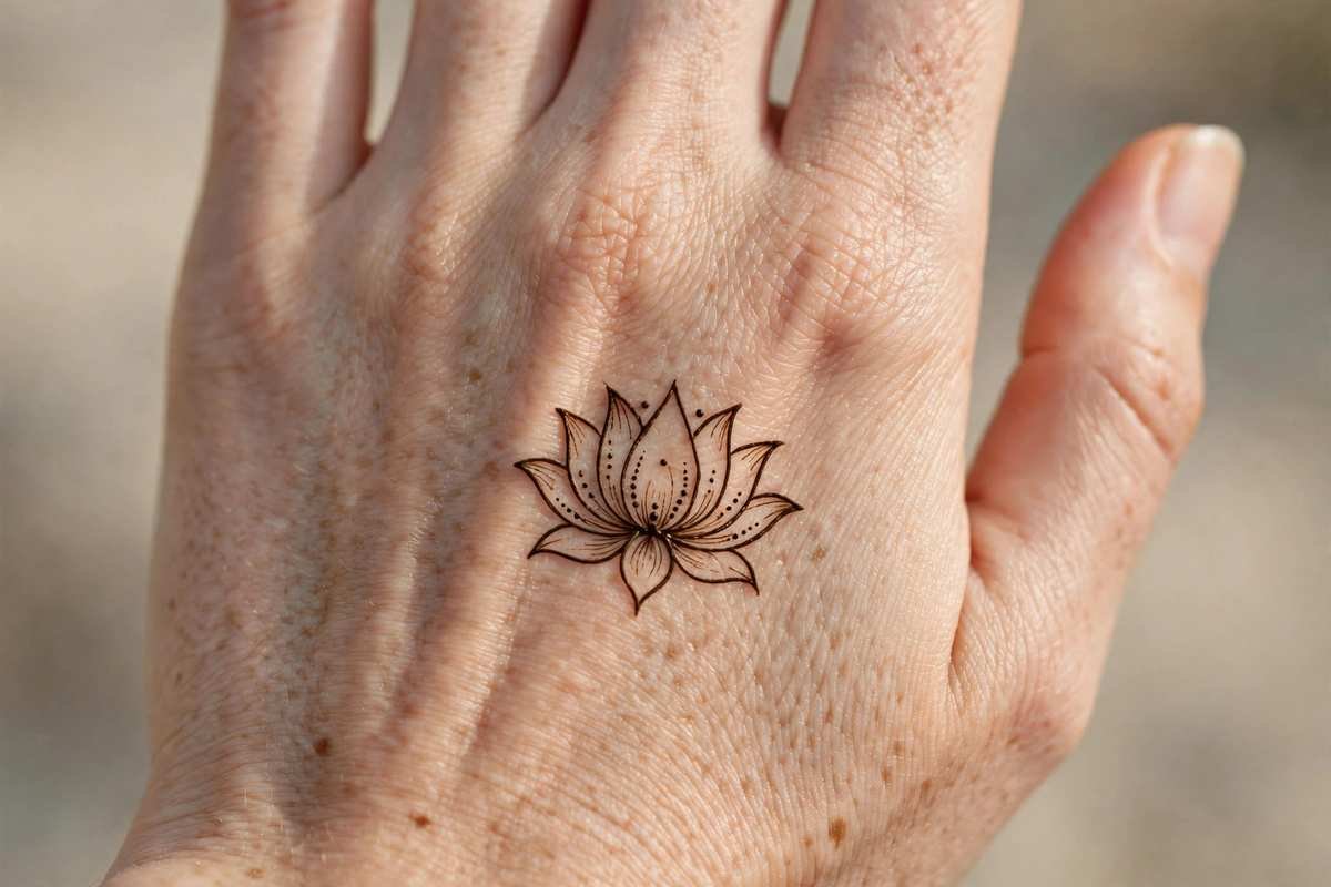 Single exquisite minimal henna lotus on the back of a hand