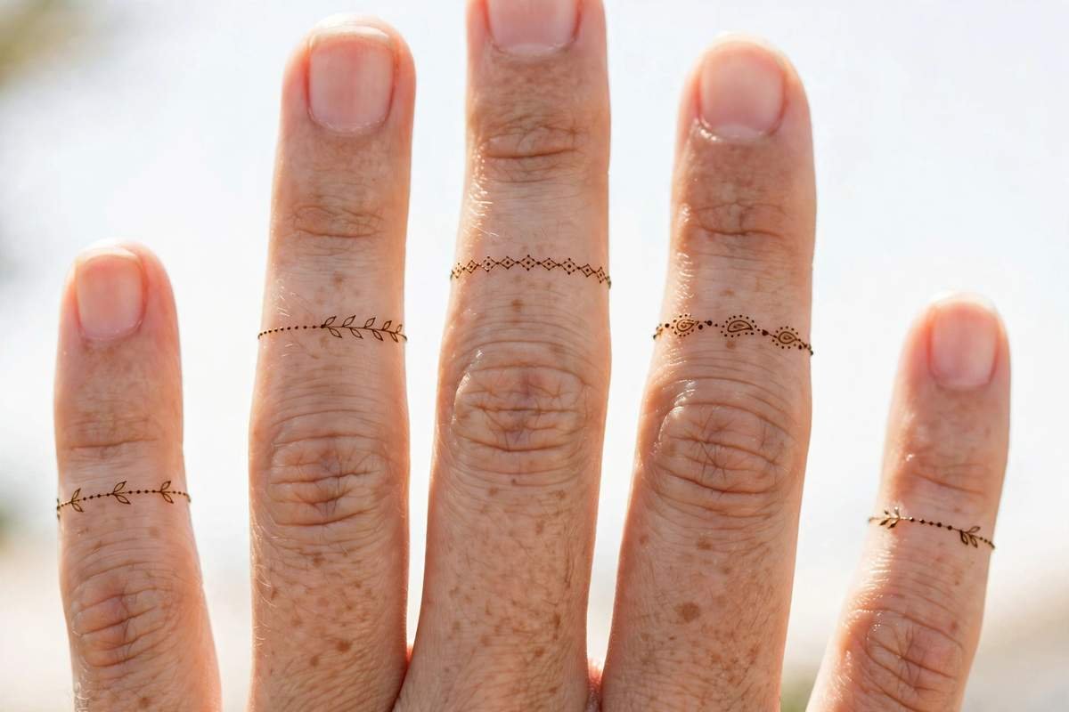 Minimal henna ring bands on fingers