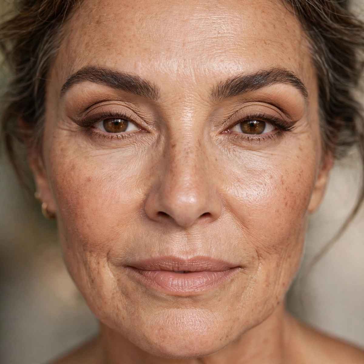 Finished natural lifted eye makeup look on a woman over fifty with hooded eyes