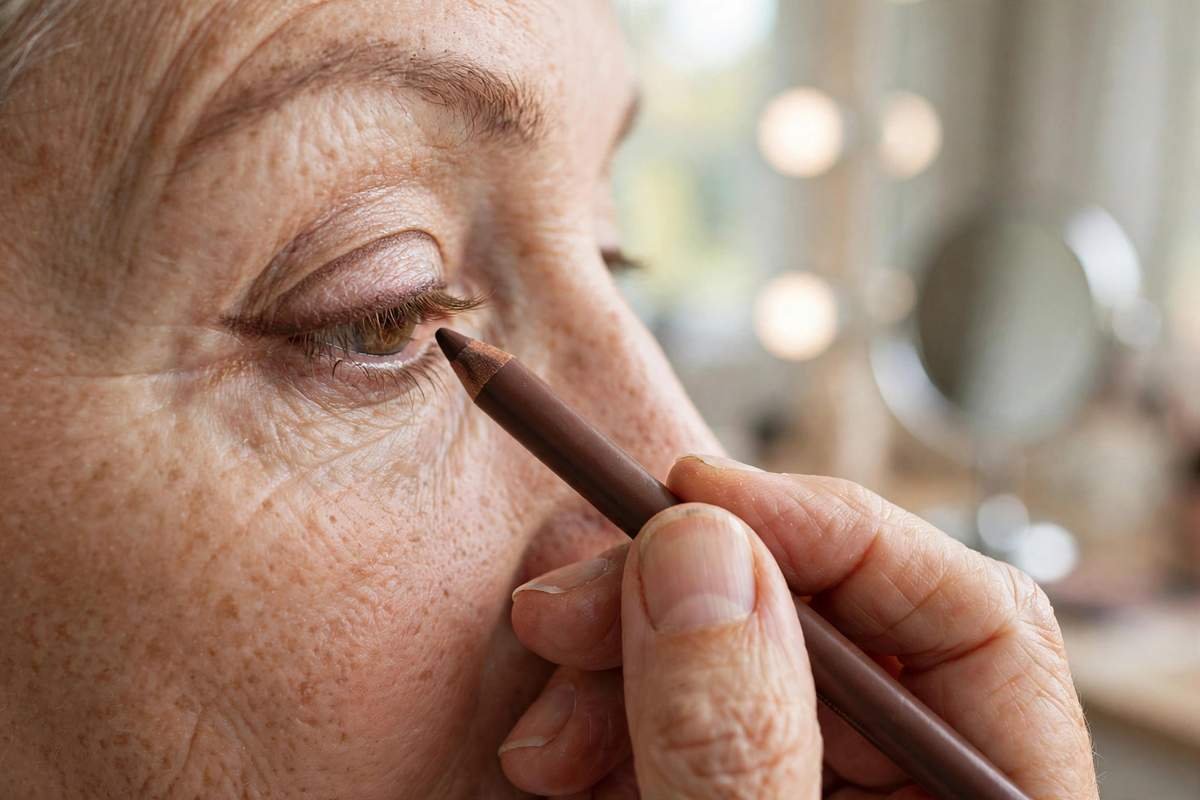 Tightlining the upper lash line with a soft brown pencil on mature eyes