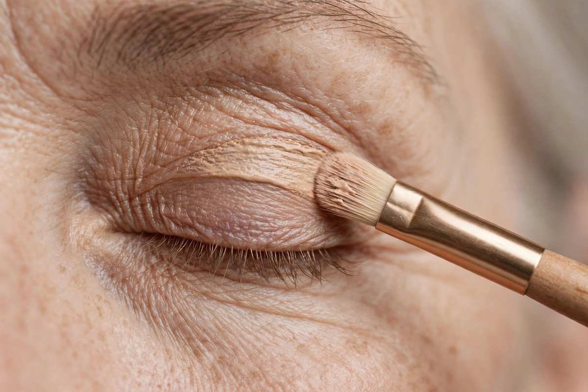 Applying eyeshadow primer to a mature eyelid before makeup