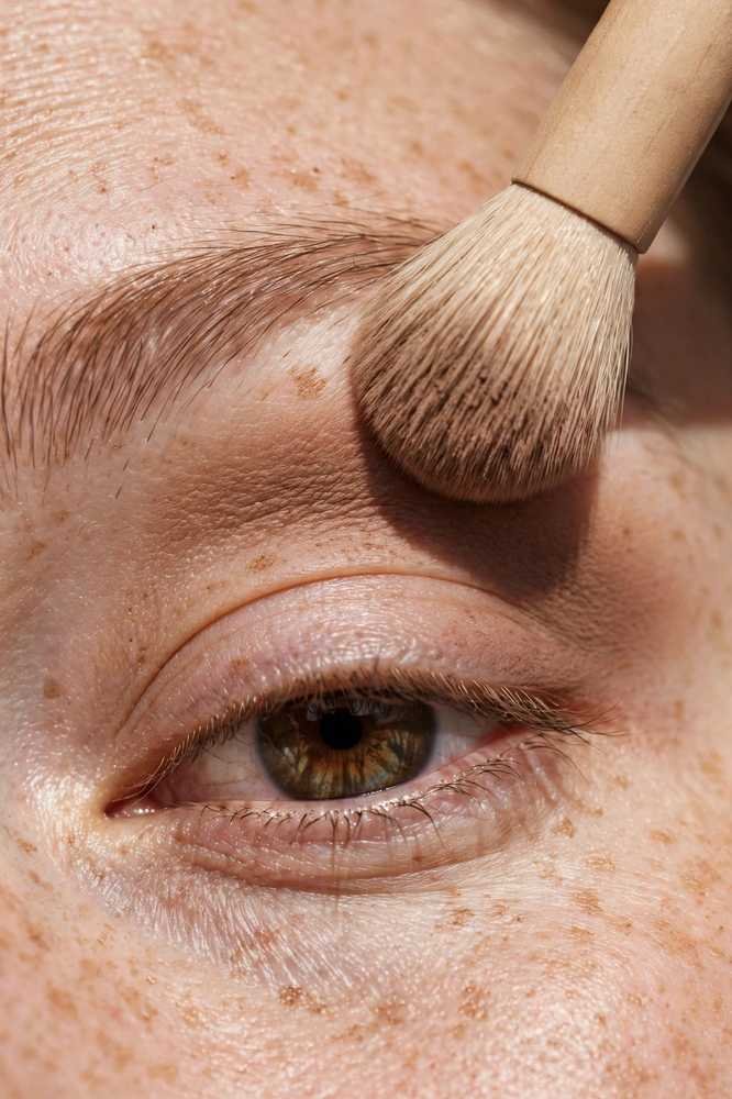 Blending transition eyeshadow above the crease with a fluffy brush