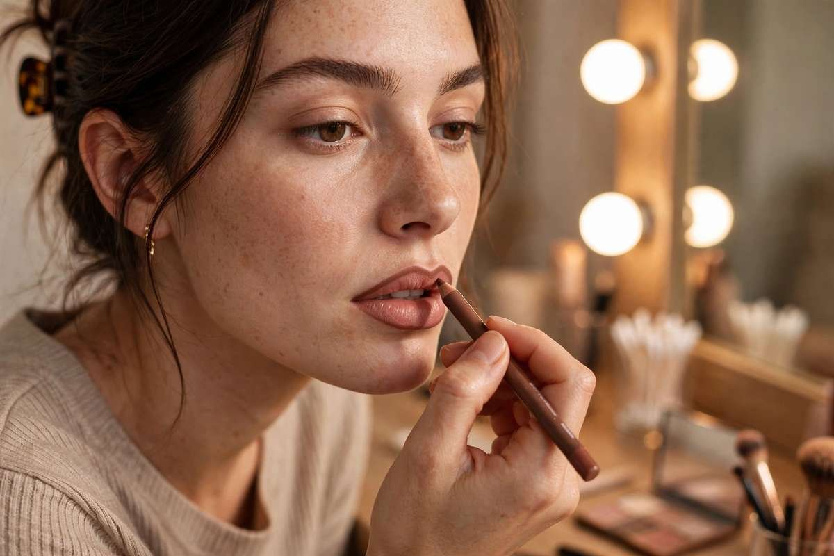 Applying lip liner to define lip shape